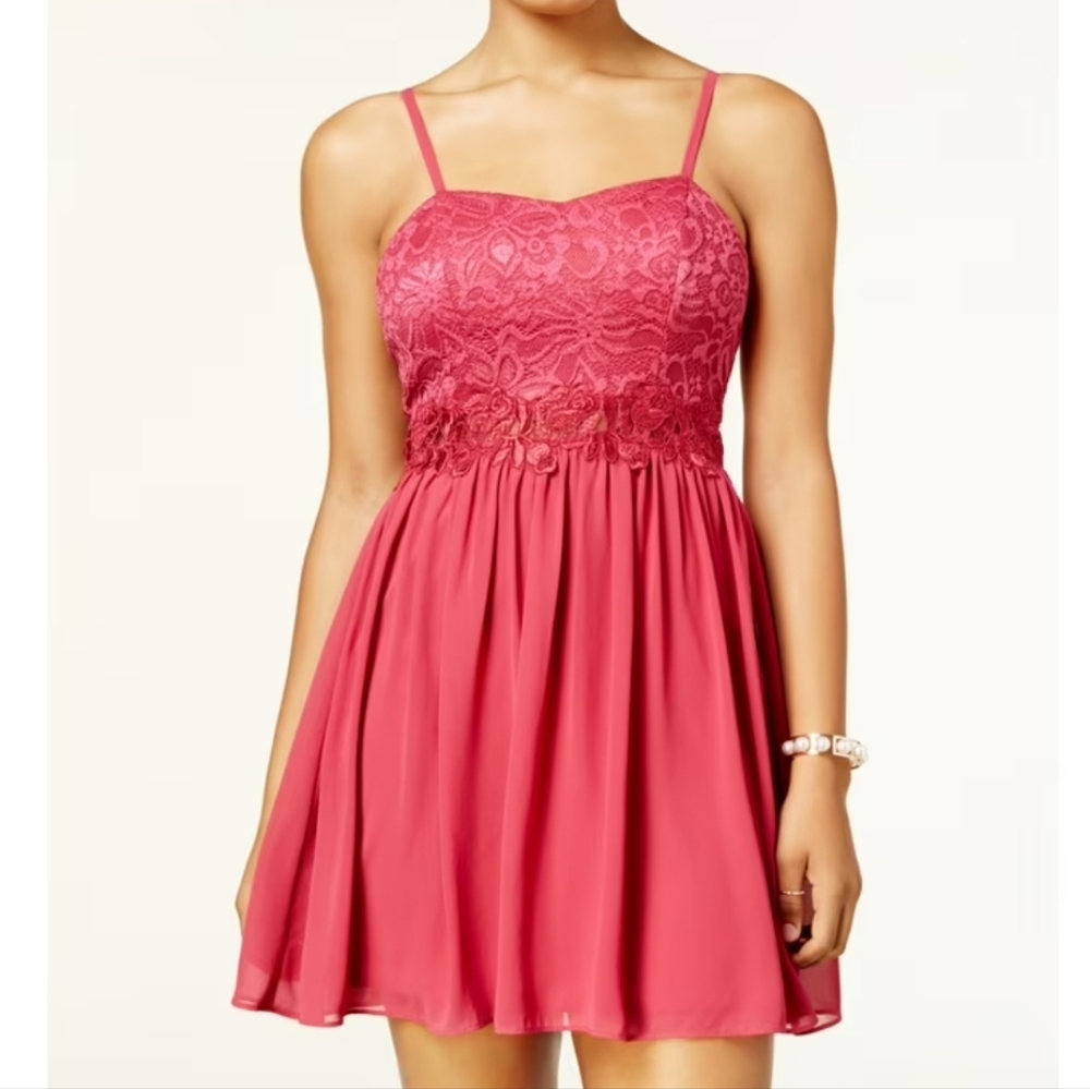 BCX Fit and Flair Sheer Waist Lace and Sequin Burgundy Red Wine Short Dress Sz 1